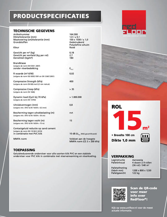 RedFloor PVC Klik Ondervloer | 10dB Geluiddempend (Rol = 15m2)