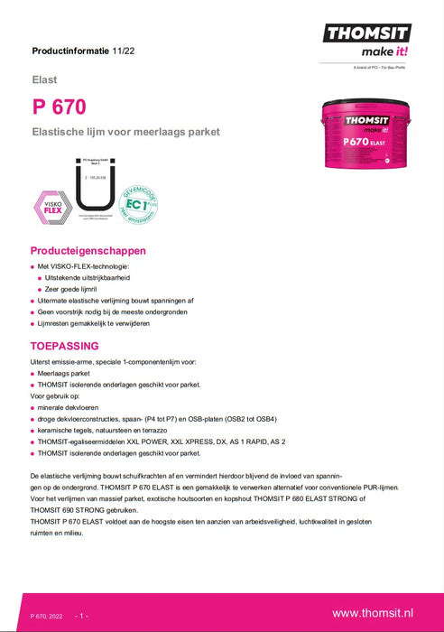 Thomsit P670 Elast | Parketlijm 18 kg