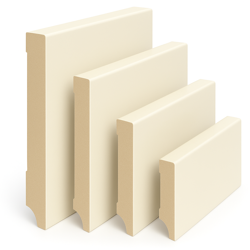 Moderne MDF plinten in RAL 9001 Crèmewit, vier hoogtes naast elkaar