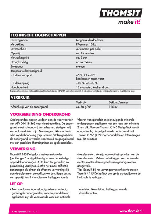 Thomsit K145 Rolfixatie | PVC lijm 10 Kg