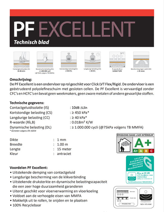 Excellent -PF PVC Klik Ondervloer | 10dB Geluiddempend (Rol = 15m2)