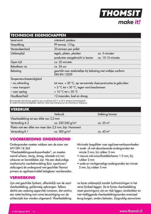 Thomsit K190F vezelversterkte PVC en Rubberlijm 13kg