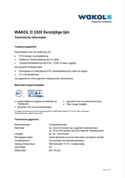 Wakol D3320 PVC-Dispersielijm 12 kg
