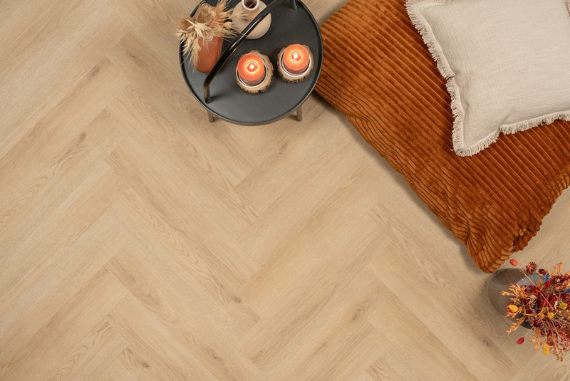 Staal van Floer Natuur Eiken - Visgraat Dryback Plak PVC