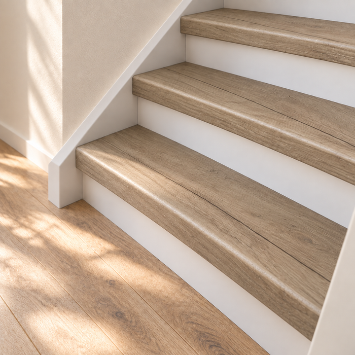 hoogland eiken traprenovatie, dichte trap met witte stootborden, detail van de onderste treden